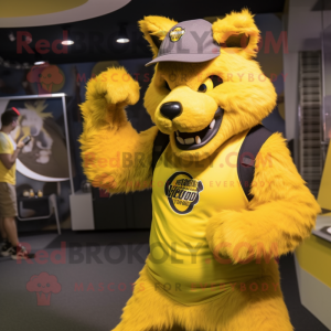 Yellow Werewolf mascot costume character dressed with a Tank Top and Berets