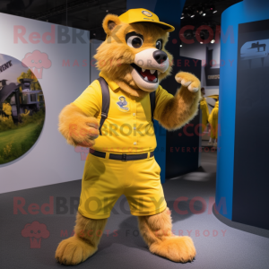 Yellow Werewolf mascot costume character dressed with a Tank Top and Berets