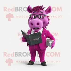 Magenta Wild Boar mascot costume character dressed with a Suit and Reading glasses