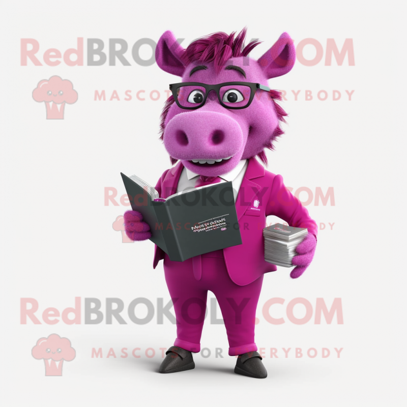 Magenta Wild Boar mascot costume character dressed with a Suit and Reading glasses Magenta Wild Boar mascot costume character dressed with a Suit and Reading glasses