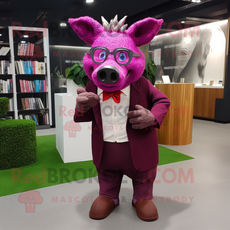 Magenta Wild Boar mascot costume character dressed with a Suit and Reading glasses