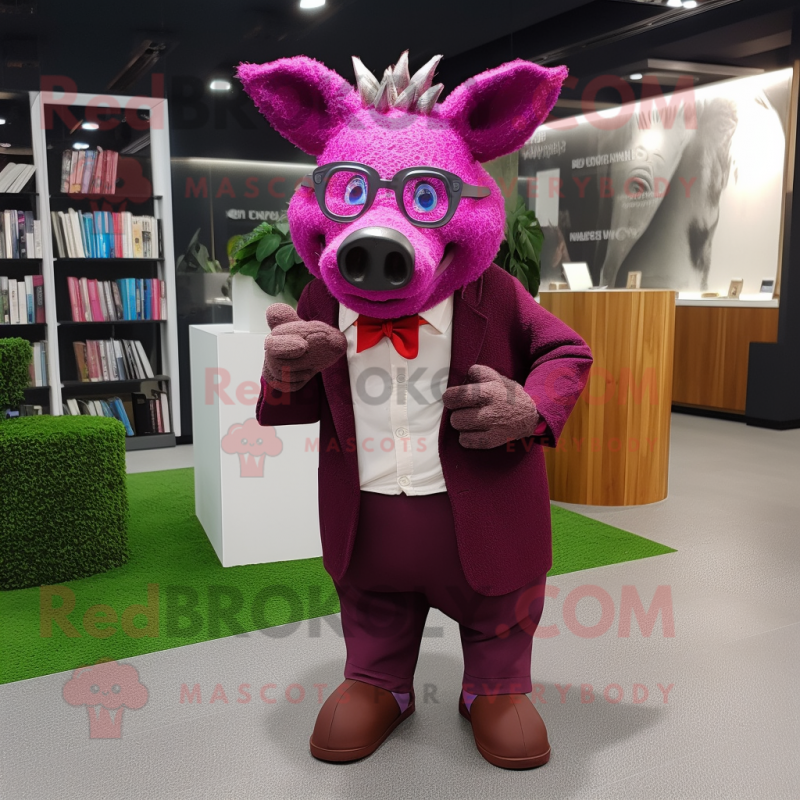 Magenta Wild Boar mascot costume character dressed with a Suit and Reading glasses Magenta Wild Boar mascot costume character dressed with a Suit and Reading glasses