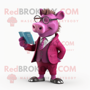 Magenta Wild Boar mascot costume character dressed with a Suit and Reading glasses