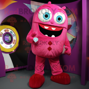 Magenta Cyclops mascot costume character dressed with a Dungarees and Coin purses