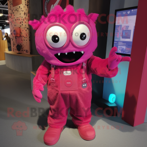 Magenta Cyclops mascot costume character dressed with a Dungarees and Coin purses