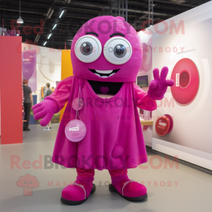 Magenta Cyclops mascot costume character dressed with a Dungarees and Coin purses