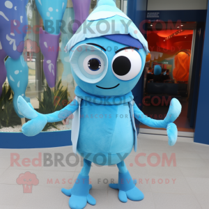 Sky Blue Squid mascot costume character dressed with a Turtleneck and Brooches