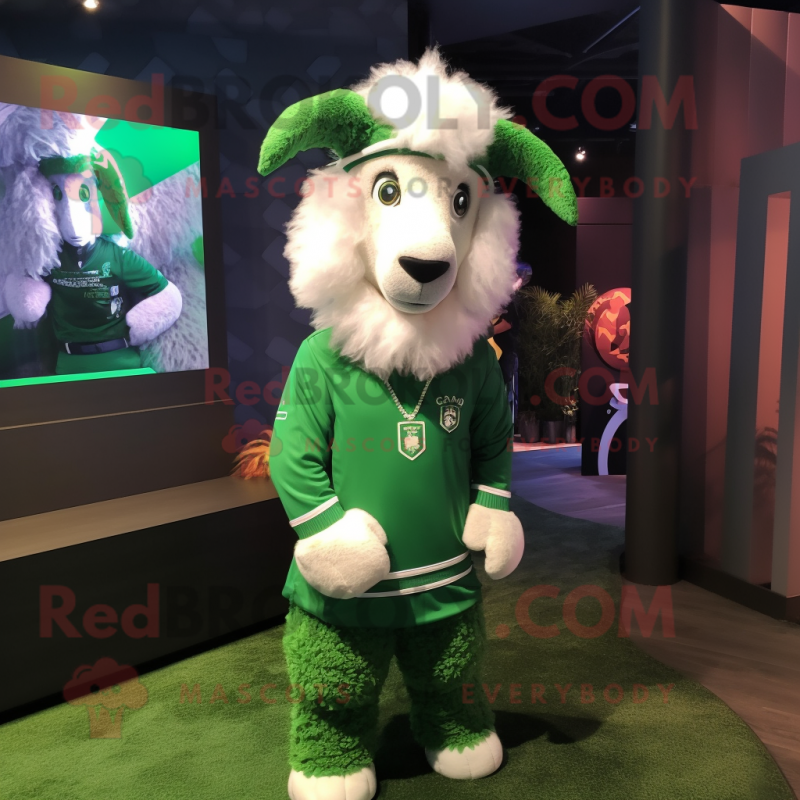 Forest Green Angora Goat mascot costume character dressed with a Polo Tee and Headbands