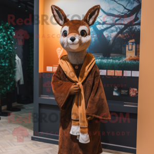 Brown Roe Deer mascot costume character dressed with a Jacket and Shawls