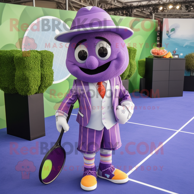 Lavender Tennis Racket mascot costume character dressed with a Suit and Pocket squares Lavender Tennis Racket mascot costume character dressed with a Suit and Pocket squares
