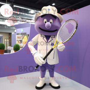 Lavender Tennis Racket mascot costume character dressed with a Suit and Pocket squares