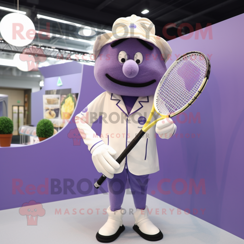 Lavender Tennis Racket mascot costume character dressed with a Suit and Pocket squares Lavender Tennis Racket mascot costume character dressed with a Suit and Pocket squares