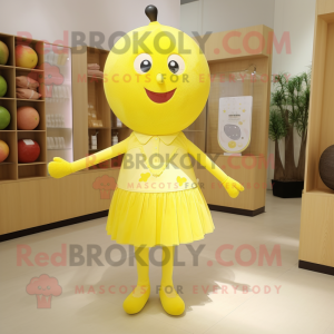 Lemon Yellow Juggle mascot costume character dressed with a A-Line Dress and Tie pins