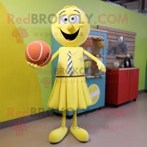 Lemon Yellow Juggle mascot costume character dressed with a A-Line Dress and Tie pins