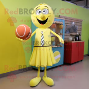 Lemon Yellow Juggle mascot costume character dressed with a A-Line Dress and Tie pins