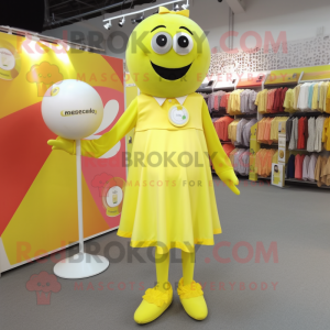 Lemon Yellow Juggle mascot costume character dressed with a A-Line Dress and Tie pins