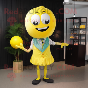 Lemon Yellow Juggle mascot costume character dressed with a A-Line Dress and Tie pins