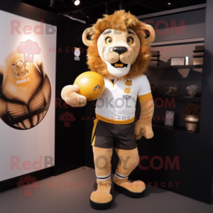 Gold Lion mascot costume character dressed with a Rugby Shirt and Ties