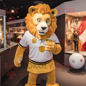 Gold Lion mascot costume character dressed with a Rugby Shirt and Ties