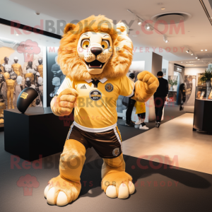 Gold Lion mascot costume character dressed with a Rugby Shirt and Ties