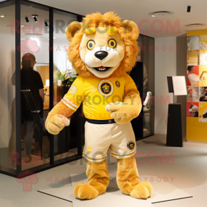 Gold Lion mascot costume character dressed with a Rugby Shirt and Ties