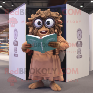 Brown Medusa mascot costume character dressed with a Shorts and Reading glasses