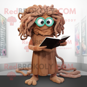 Brown Medusa mascot costume character dressed with a Shorts and Reading glasses