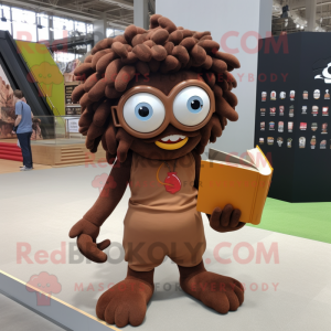 Brown Medusa mascot costume character dressed with a Shorts and Reading glasses