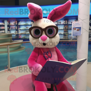 Pink Wild Rabbit mascot costume character dressed with a Bikini and Reading glasses