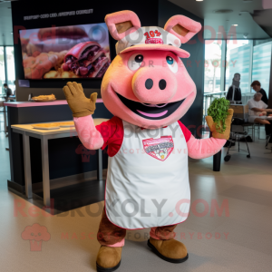 Pink Pulled Pork Sandwich mascot costume character dressed with a Graphic Tee and Anklets