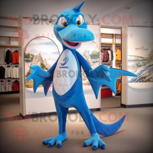 Blue Pterodactyl mascot costume character dressed with a Joggers and Tie pins