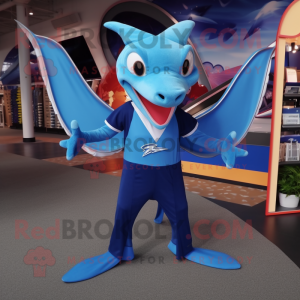 Blue Pterodactyl mascot costume character dressed with a Joggers and Tie pins