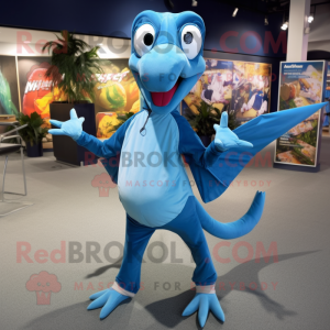 Blue Pterodactyl mascot costume character dressed with a Joggers and Tie pins