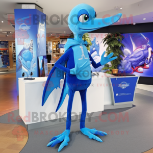 Blue Pterodactyl mascot costume character dressed with a Joggers and Tie pins