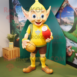 Yellow Elf mascot costume character dressed with a Rugby Shirt and Clutch bags