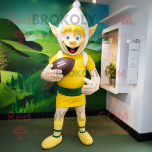 Yellow Elf mascot costume character dressed with a Rugby Shirt and Clutch bags