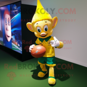 Yellow Elf mascot costume character dressed with a Rugby Shirt and Clutch bags