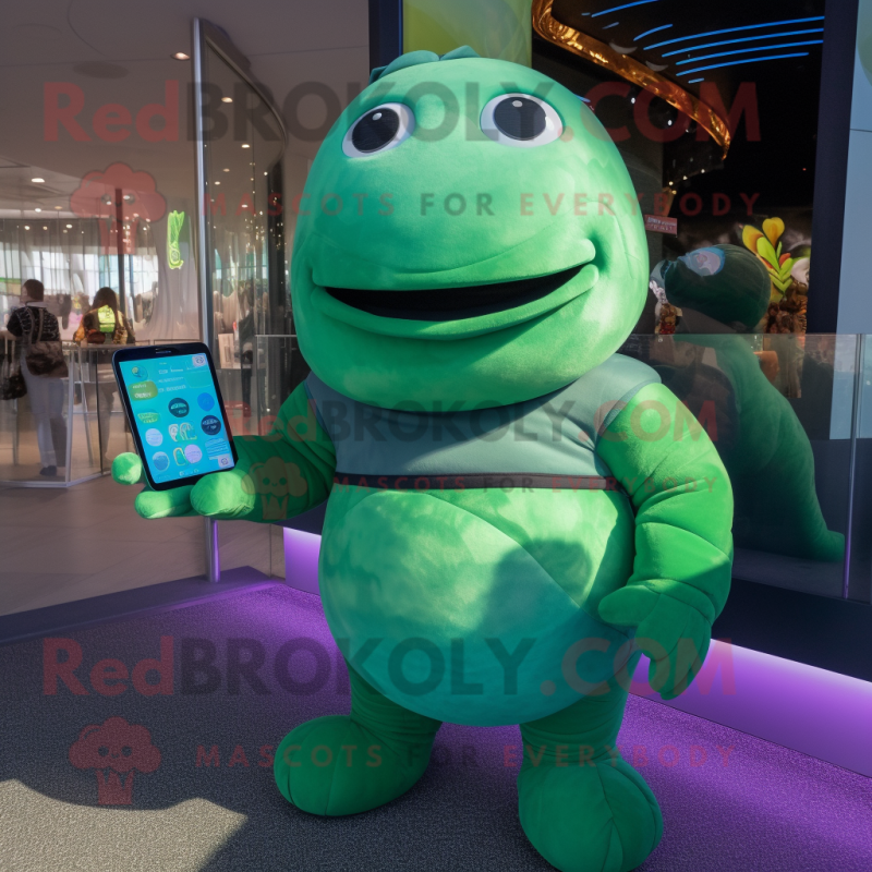 Green Stellar'S Sea Cow mascot costume character dressed with a Turtleneck and Wallets
