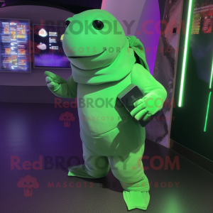 Green Stellar'S Sea Cow mascot costume character dressed with a Turtleneck and Wallets