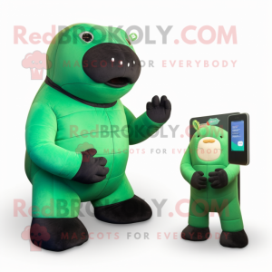 Green Stellar'S Sea Cow mascot costume character dressed with a Turtleneck and Wallets