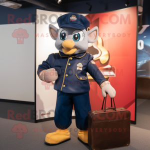 Navy Goulash mascot costume character dressed with a Bomber Jacket and Briefcases