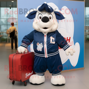 Navy Goulash mascot costume character dressed with a Bomber Jacket and Briefcases