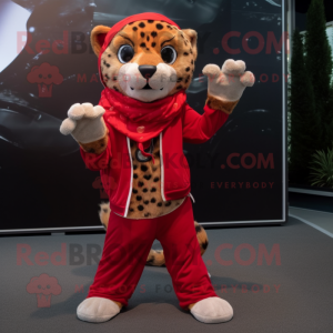 Red Cheetah mascot costume character dressed with a Cargo Pants and Scarf clips