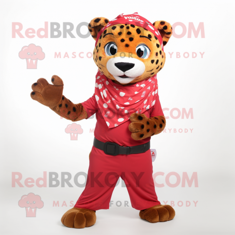 Red Cheetah mascot costume character dressed with a Cargo Pants and Scarf clips