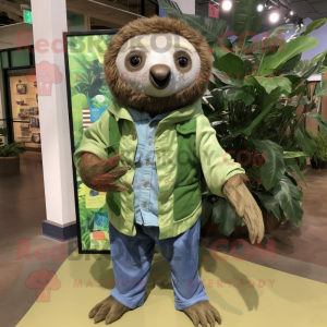 Forest Green Sloth mascot costume character dressed with a Chambray Shirt and Scarf clips