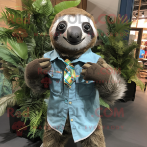 Forest Green Sloth mascot costume character dressed with a Chambray Shirt and Scarf clips