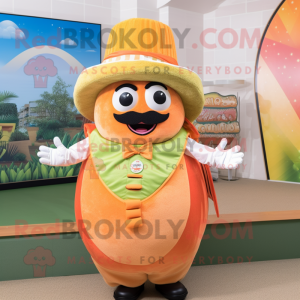 Peach Enchiladas mascot costume character dressed with a Vest and Berets