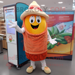 Peach Enchiladas mascot costume character dressed with a Vest and Berets