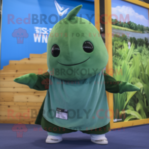 Olive Narwhal mascot costume character dressed with a Bermuda Shorts and Wraps