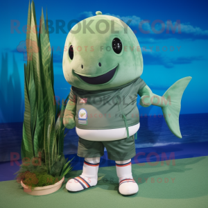 Olive Narwhal mascot costume character dressed with a Bermuda Shorts and Wraps